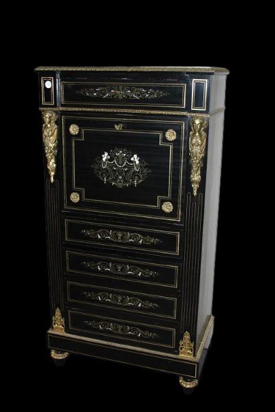 Secretaire francese di metà 1800, stile Boulle, in legno ebanizzato 