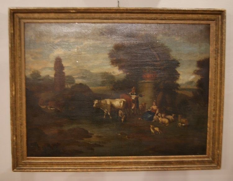 Olio su tela italiano di inizio 1700, raffigurante paesaggio con personaggi.