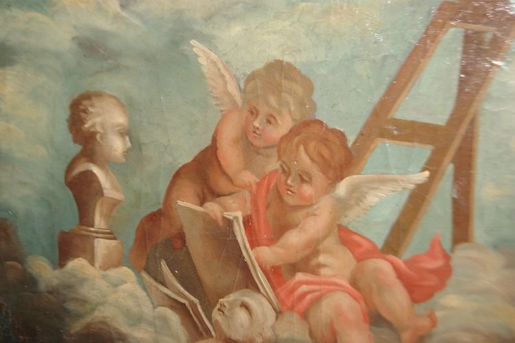 Olio su tela italiano del 1700 raffigurante gruppo di "Angeli Cherubini" -photo-2