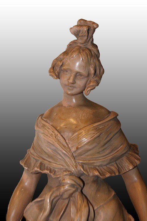 Belle Sculpture En Terre Cuite Représentant Une Dame En Vêtements élégants, Signée 1800-photo-2