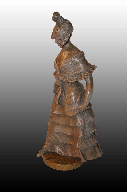 Belle Sculpture En Terre Cuite Représentant Une Dame En Vêtements élégants, Signée 1800-photo-3