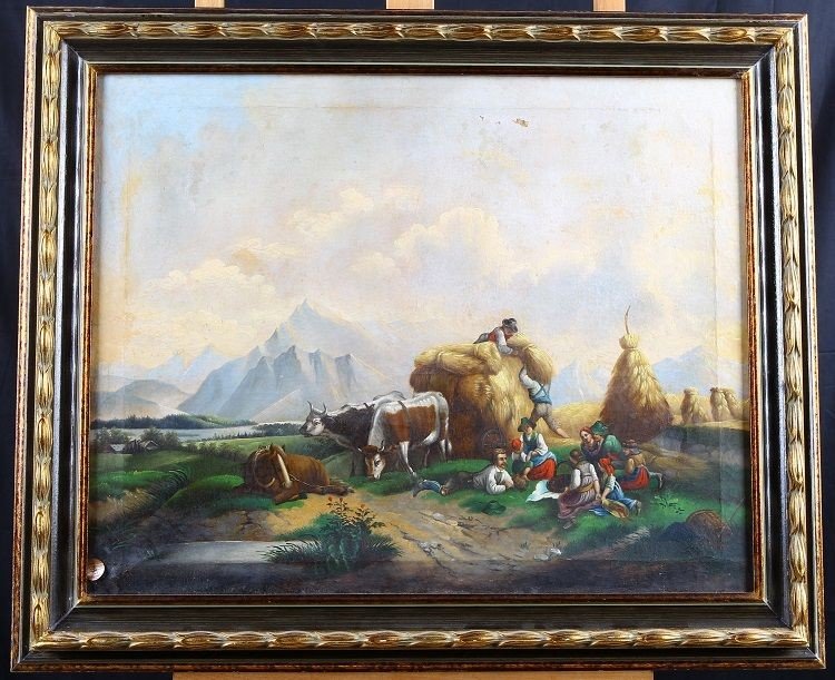 Huile Sur Toile Scène Pastorale d'Europe Du Nord Des Années 1800 Bergers Avec Troupeau