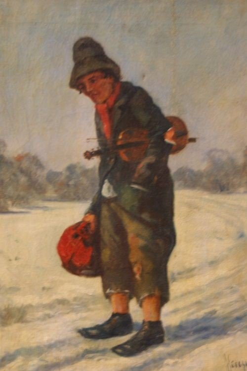 Huile Sur Toile Violoniste Dans La Neige, Artiste De Rue Des Années 1800-photo-2