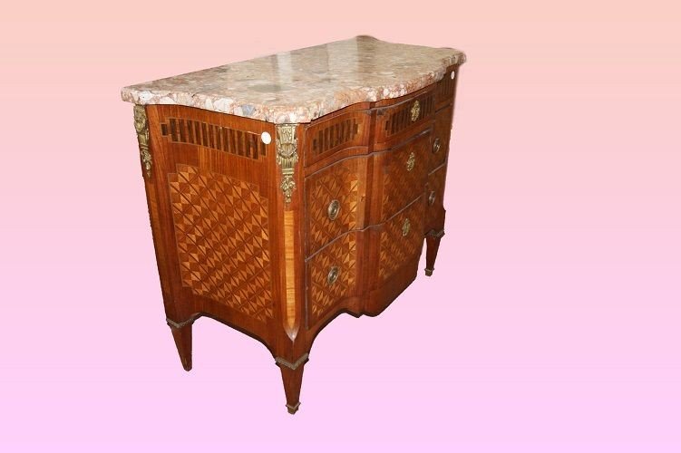  Commode De Style Transition 1800 Avec Incrustations, Bronzes Et Dessus En Marbre-photo-2