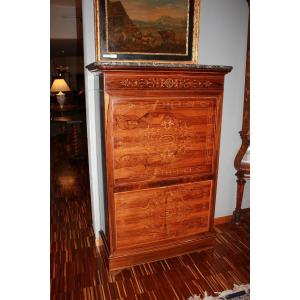 Secretaire francese di metà 1800, stile Carlo X, in legno di palissandro con ricchi motivi 