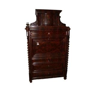 Secretaire Nord Europa di metà 1800, stile Biedermeier, in legno di mogano e piuma di mogano