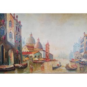 Olio su tela Italiano Raffigurante Scena di Venezia Antonio Molinari 1902 - 1995