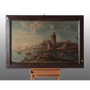 Olio su tela italiano di metà 1700 raffigurante veduta di paesaggio marino Ligure, con cornice 