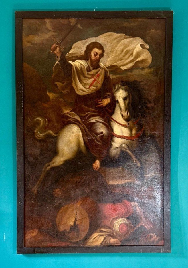 Grande Dipinto Antico raffigurante San Giacomo Maggiore a cavallo • Epoca Seicento 