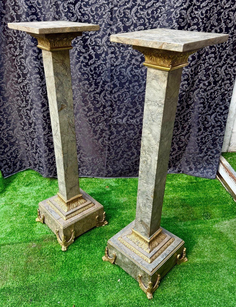 Coppia di Colonne in Marmo Verde con Bronzo 