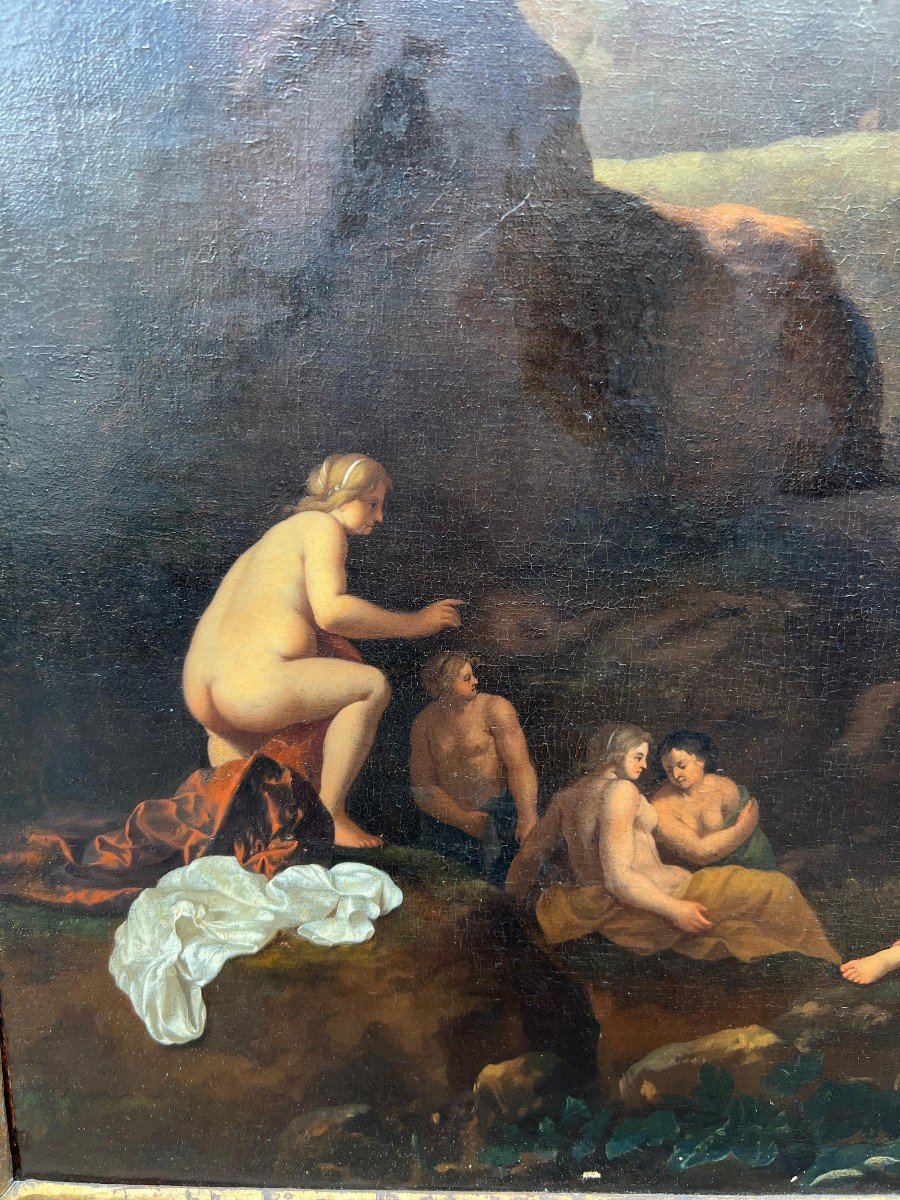 "Il bagno di Diana", dipinto olio su tela di Cornelis Van Poelenburch. XVII secolo-photo-2