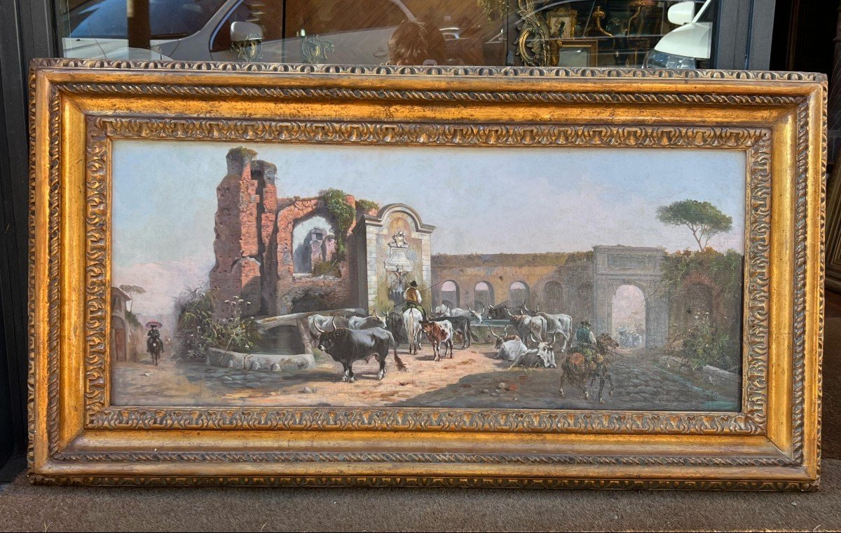 Olio su tela, capriccio romano con personaggi, firmato Giovannini 1886