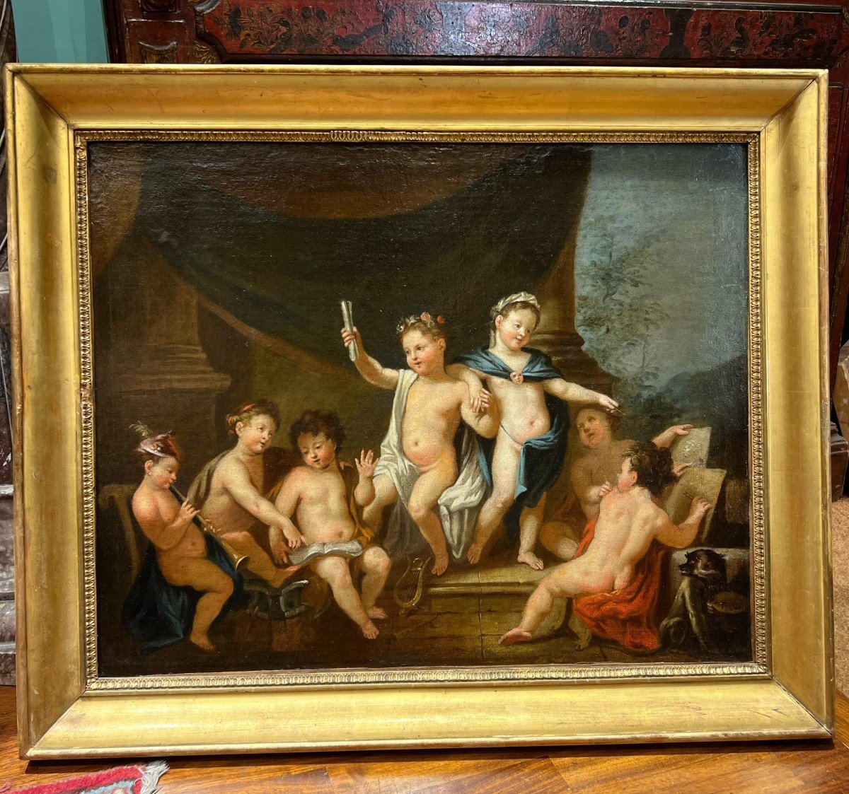 Dipinto olio su tela raffigurante putti. Periodo Neoclassico