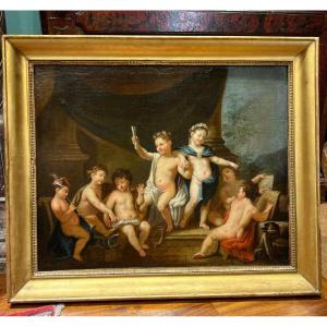 Dipinto olio su tela raffigurante putti. Periodo Neoclassico