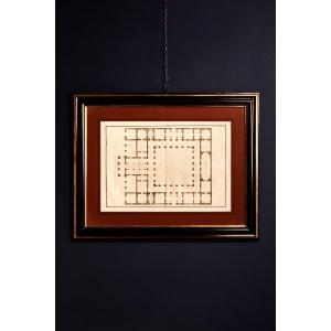 Stampa ottocentesca raffigurante planimetrie, sezioni di ambienti classici