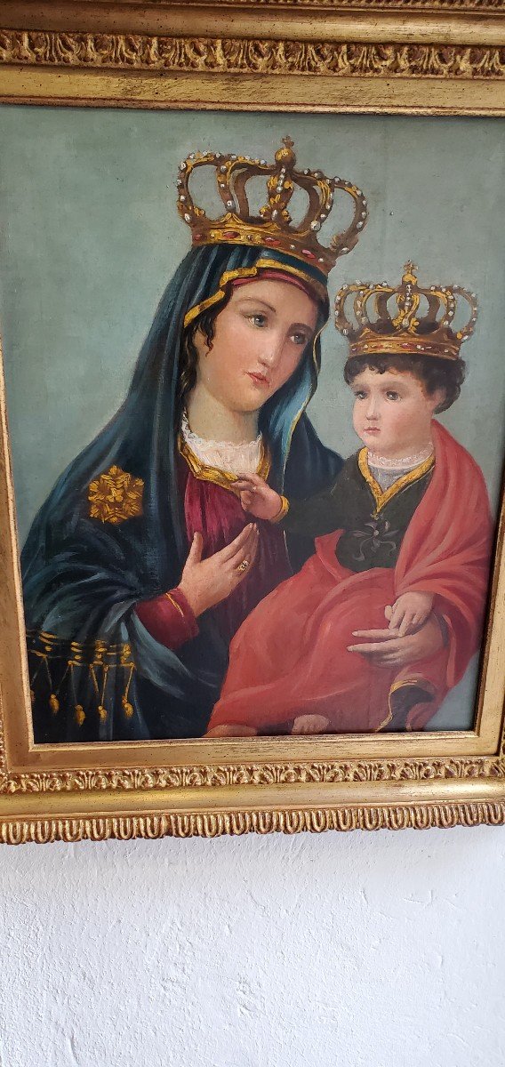 Dipinto olio su tela raffigurante Madonna con Bambino-photo-4