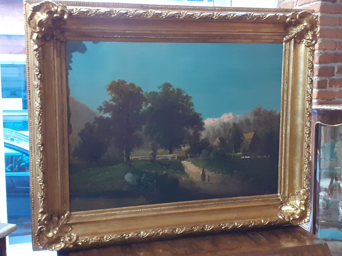 Dipinto olio su tela raffigurante paesaggio  epoca 1860 manifattura francese 