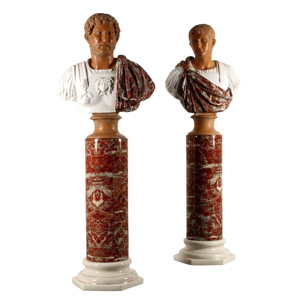 Coppia di Busti di Imperatori e Colonne in Ceramica Tommaso Barbi Italia Anni '70