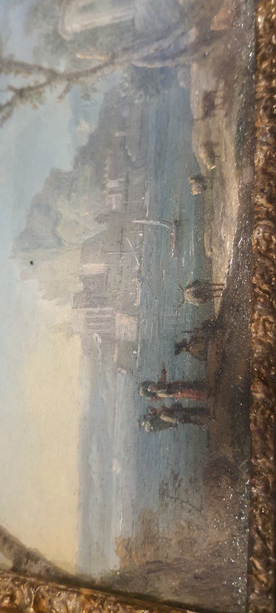 Olio su rame cm 27 x 14 " paesaggio con personaggi e architettura " Napoli XVIII secolo-photo-2
