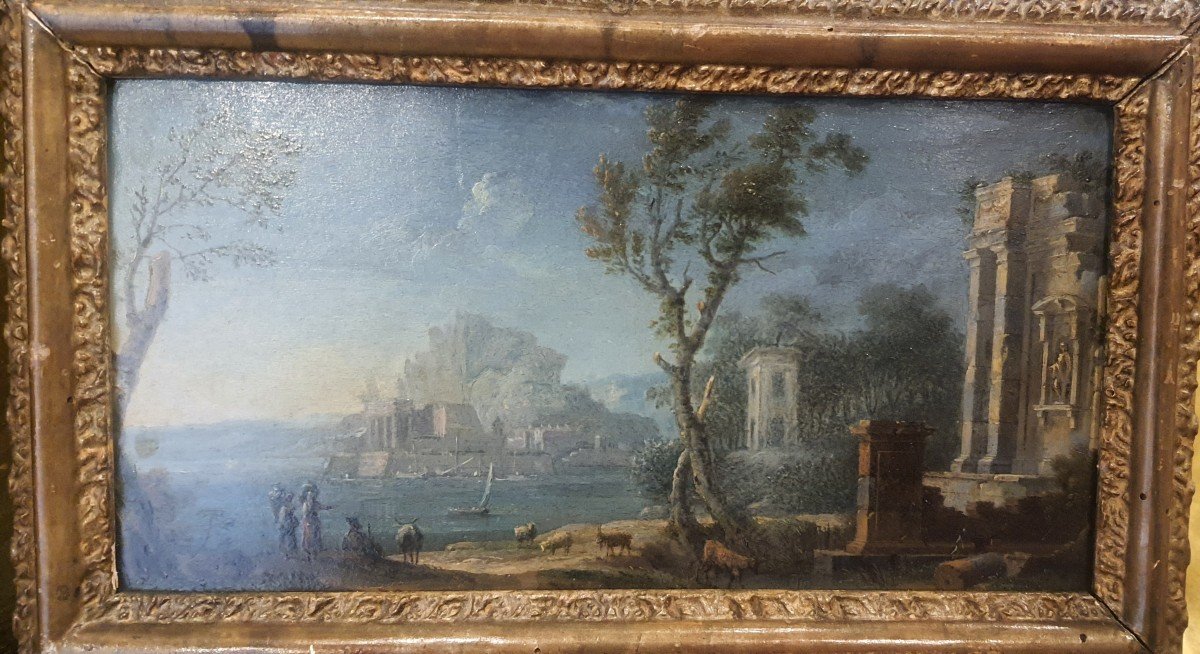 Olio su rame cm 27 x 14 " paesaggio con personaggi e architettura " Napoli XVIII secolo