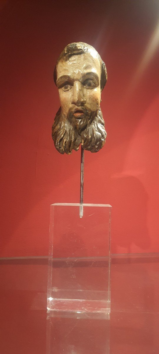 Piccola testa in legno laccato , h.12 cm XVIII secolo-photo-1