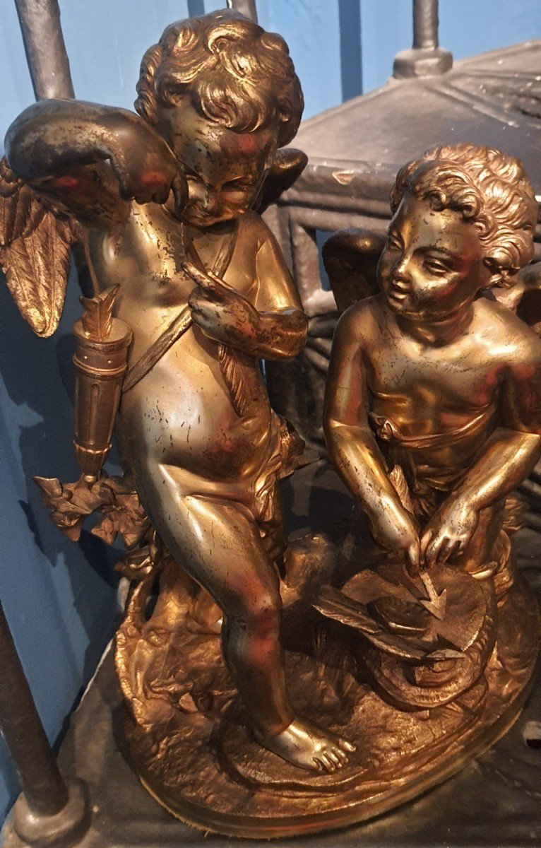 Scultura in bronzo dorato " Putti con Cupido " fine del XIX secolo 32 x 23 cm-photo-2