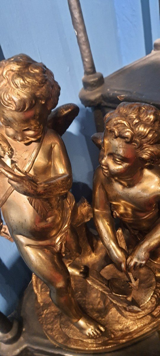 Scultura in bronzo dorato " Putti con Cupido " fine del XIX secolo 32 x 23 cm-photo-3