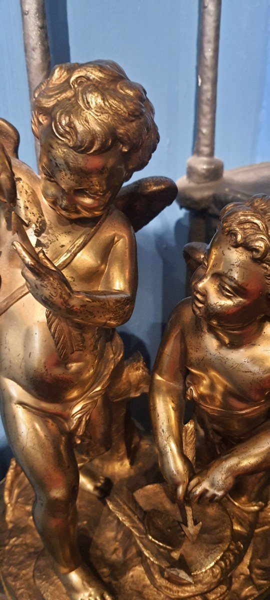 Scultura in bronzo dorato " Putti con Cupido " fine del XIX secolo 32 x 23 cm-photo-4