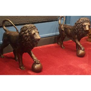 Coppia di leoni in bronzo , h 29 x 38 cm , XX secolo 