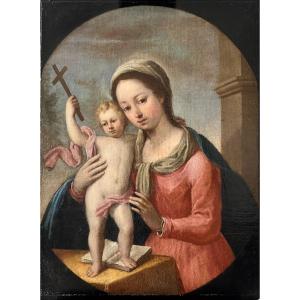 Dipinto AD OLIO SU TELA applicata su tavola,  XVII secolo, raffigurante Madonna con bambino