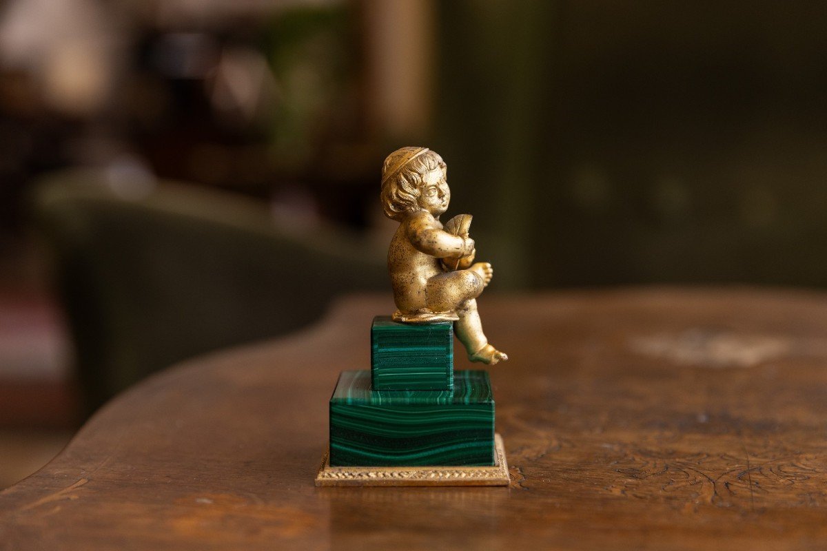 Putto in malachite e bronzo dorato-photo-3