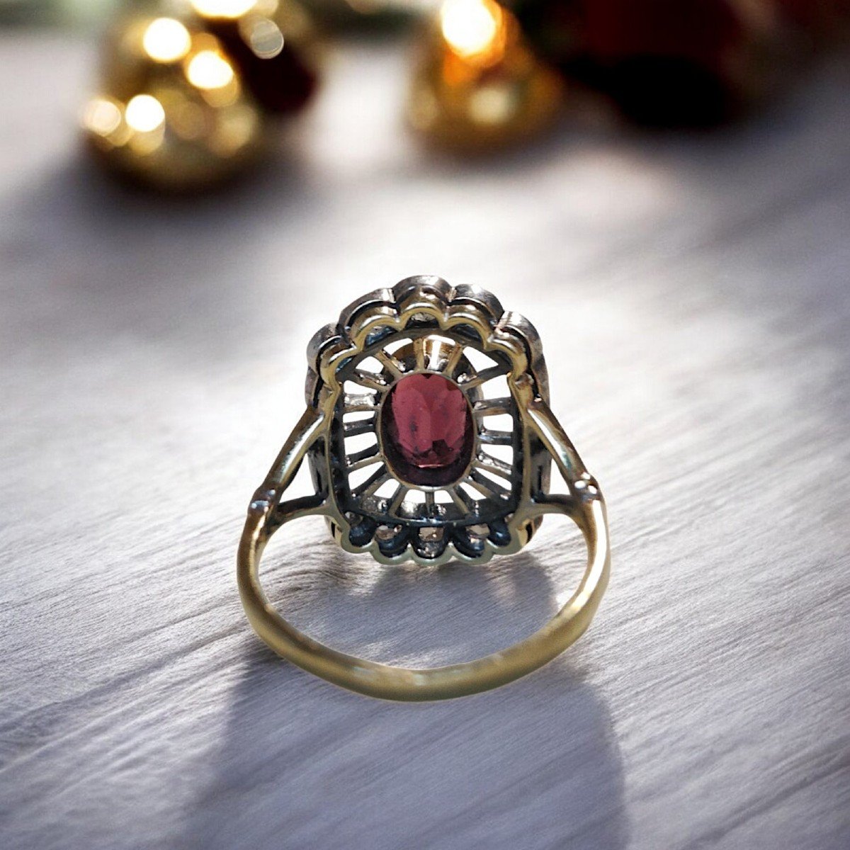 Anello Antico con Tormalina Rosa e Diamanti taglio rosetta, c.1940-photo-1