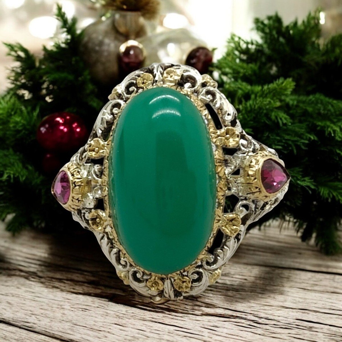 Anello Art Deco In oro ed Argento con Giada verde e Rubini-photo-3