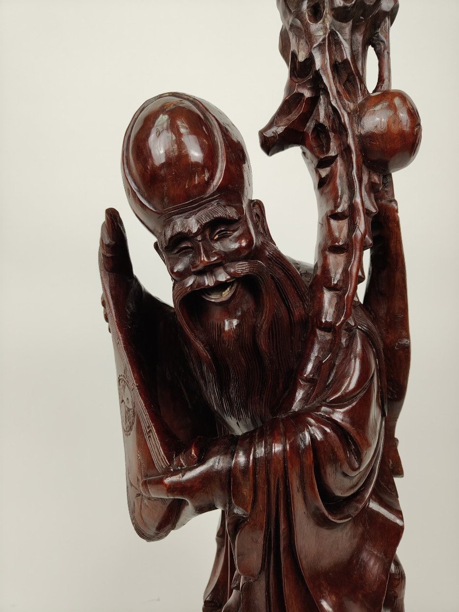 Scultura in legno teak di un Saggio - 1890 circa, Cina-photo-5