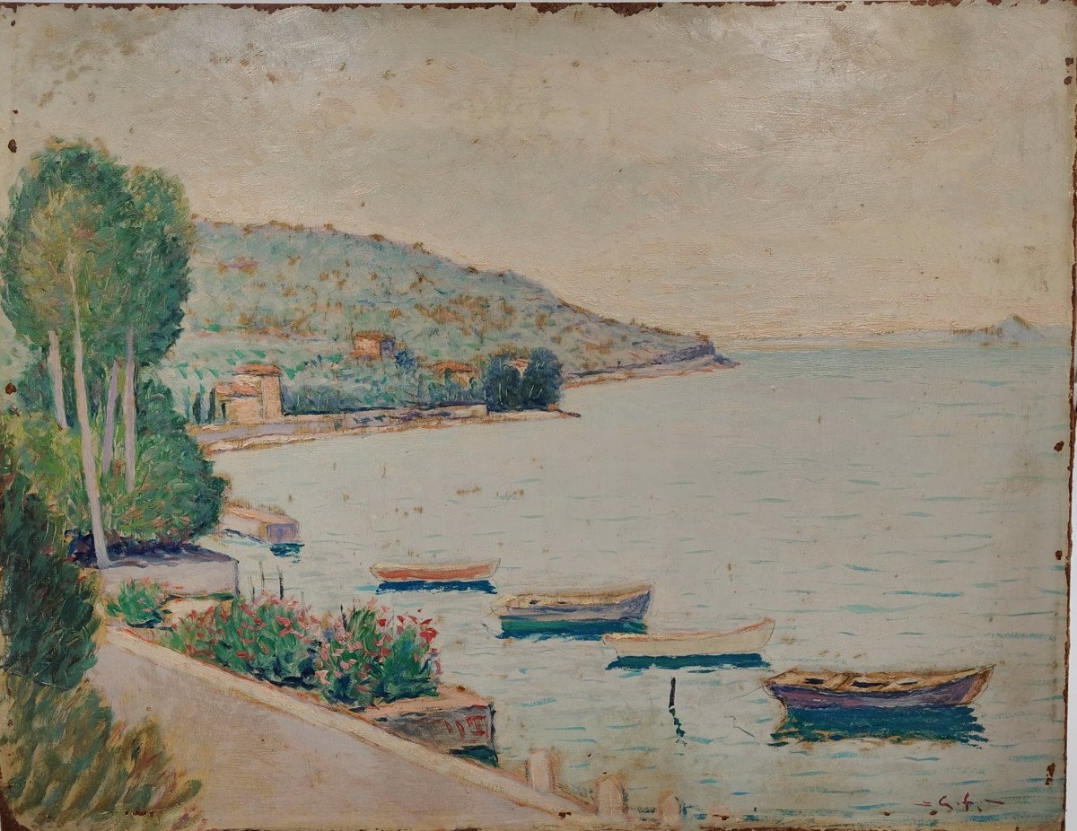 Olio su tavola, "Veduta di Pai, Lago di Garda" di Guido Farina, 1947 Italia-photo-1