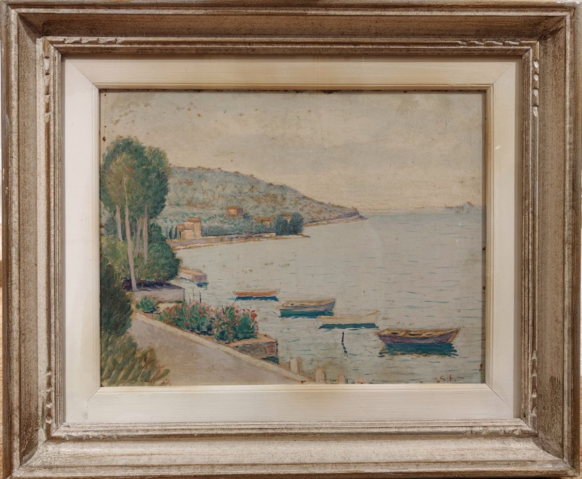 Olio su tavola, "Veduta di Pai, Lago di Garda" di Guido Farina, 1947 Italia