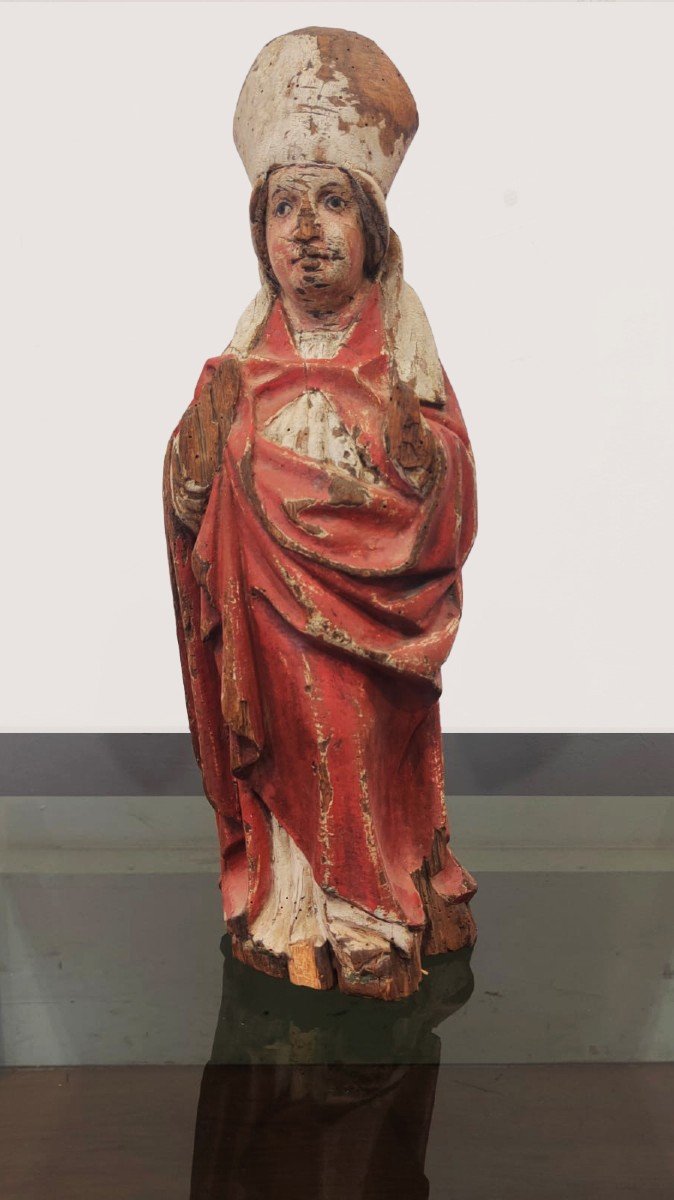 Antica statua in legno laccato raffigurante Santo vescovo - XVI Sec.