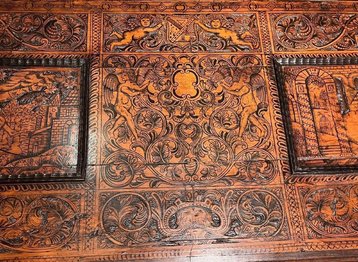 Importante cassone nuziale in cedro del libano pirografato. Venezia - Friuli XVI secolo.-photo-3