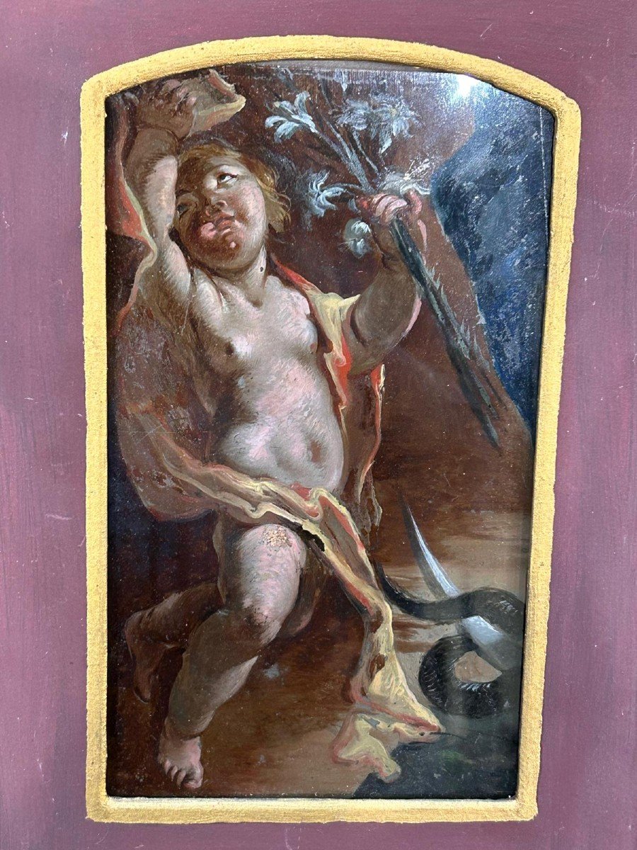 Pittura su vetro, frammento con putto da un'immacolata concezione. Napoli, primi '700.-photo-3