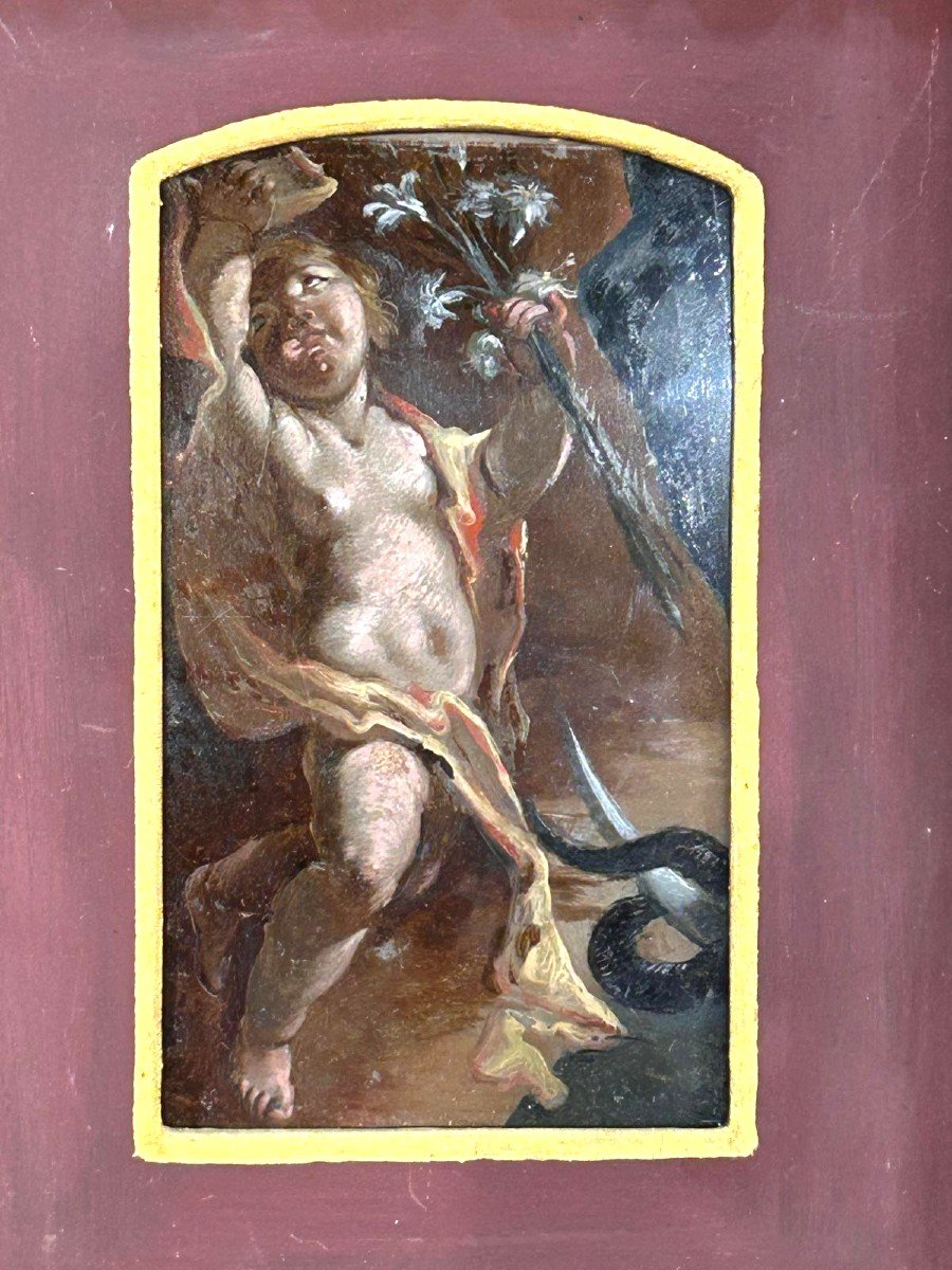 Pittura su vetro, frammento con putto da un'immacolata concezione. Napoli, primi '700.