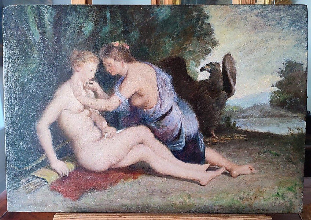 Giove e Callisto, olio su tavoletta periodo romantico. Copia da Rubens.