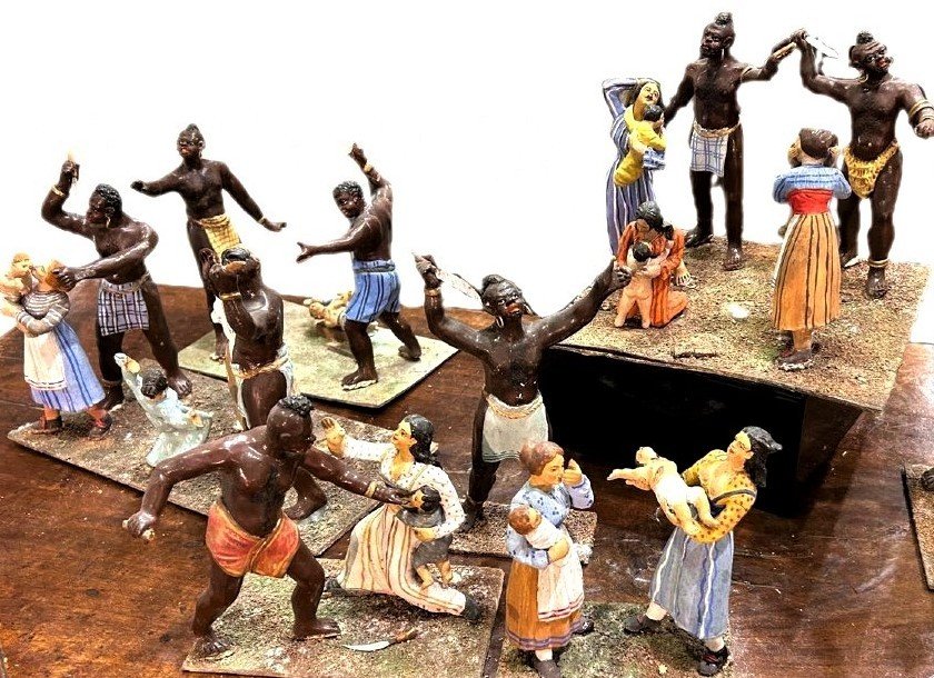 Antico diorama composto da statue in terracotta  raff. strage degli innocenti, Napoli XIX sec.