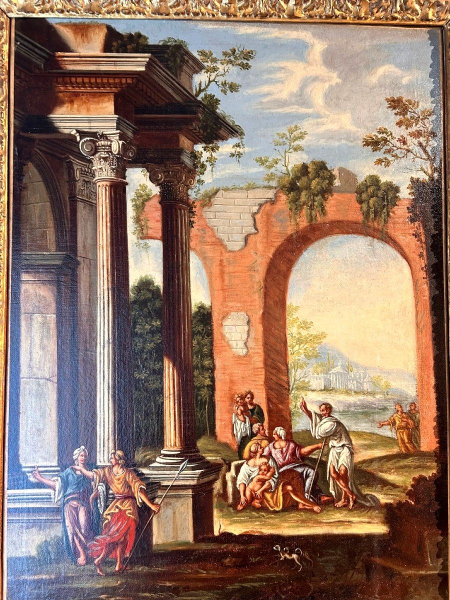 Attr.  Alberto Carlieri - Coppia di capricci architettonici con scene bibliche e cornici coeve-photo-3