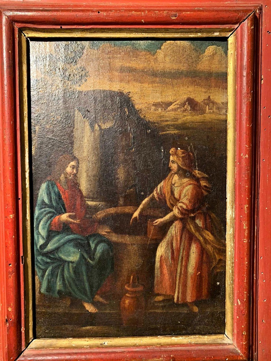 ''Samaritana al pozzo'', olio su tavola prima metà del XVII s. su cornice coeva in lacca rossa.-photo-3