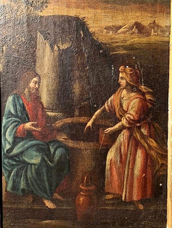 ''Samaritana al pozzo'', olio su tavola prima metà del XVII s. su cornice coeva in lacca rossa.-photo-1