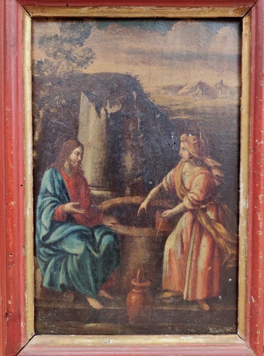 ''Samaritana al pozzo'', olio su tavola prima metà del XVII s. su cornice coeva in lacca rossa.-photo-3