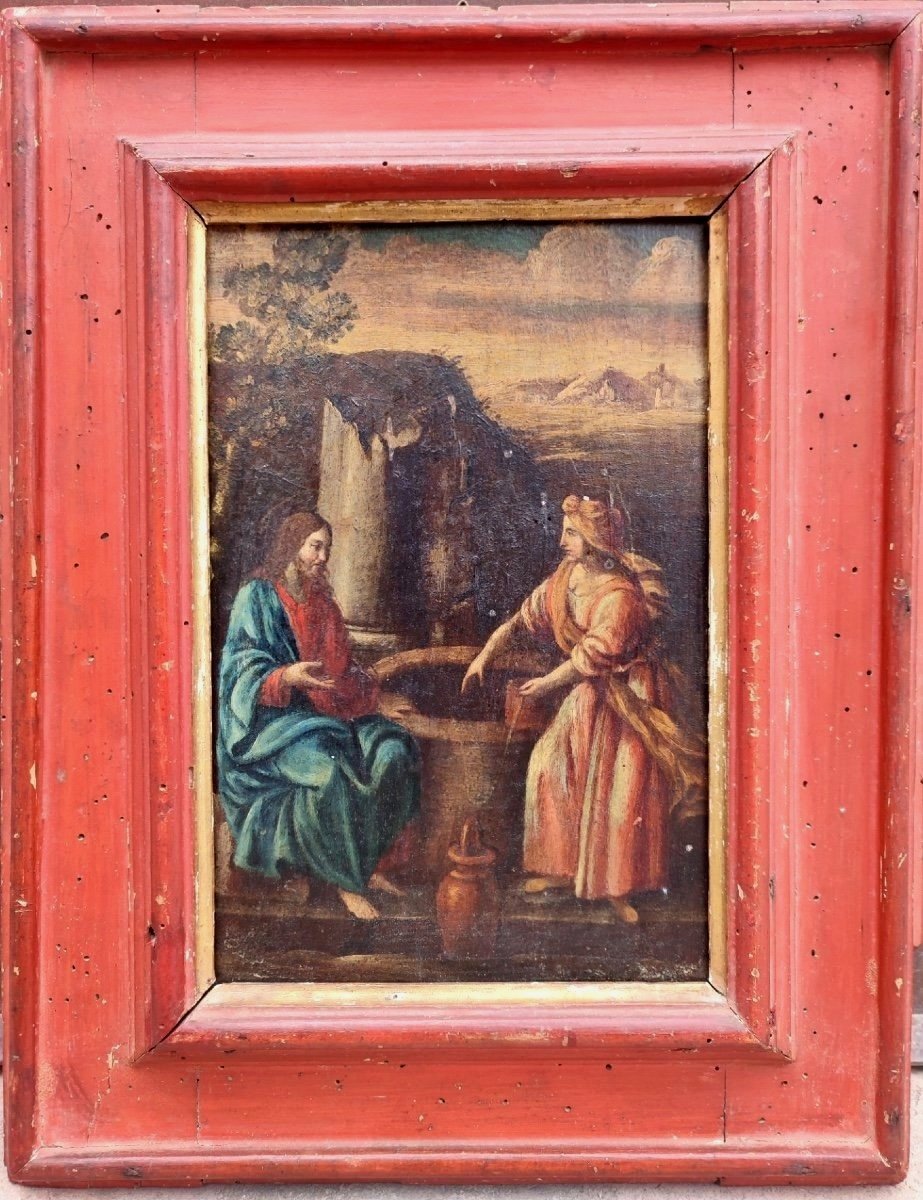 ''Samaritana al pozzo'', olio su tavola prima metà del XVII s. su cornice coeva in lacca rossa.