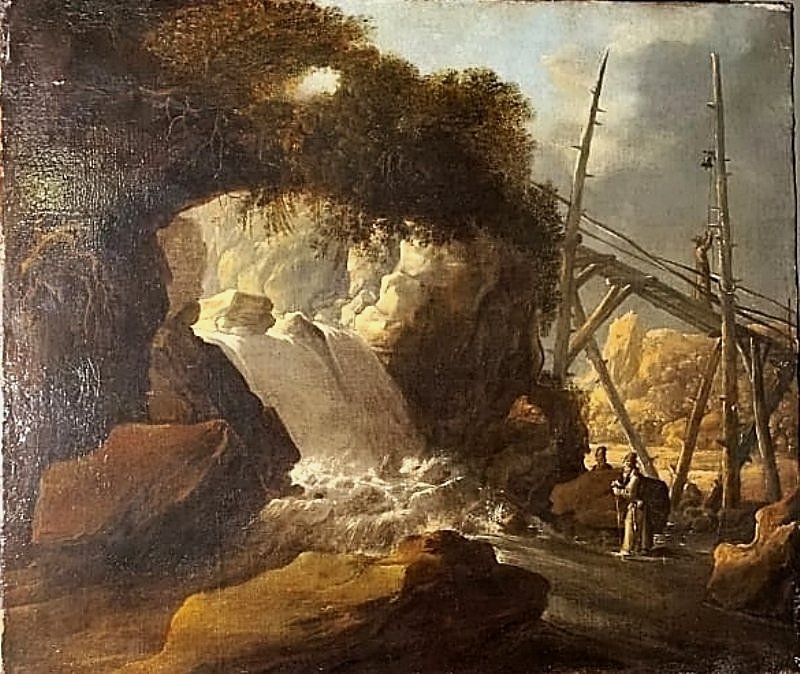 Paesaggio con cascata e personaggi, olio su tela della 2a metà del Seicento in cornice coeva.-photo-3