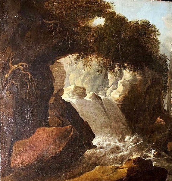 Paesaggio con cascata e personaggi, olio su tela della 2a metà del Seicento in cornice coeva.-photo-1