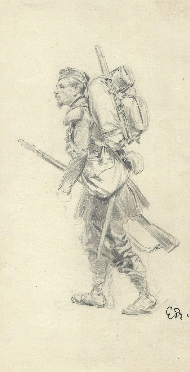 Edouard Detaille (1848 - 1912) Soldato francese visto di profilo, Disegno a matita, Cachet ED-photo-2